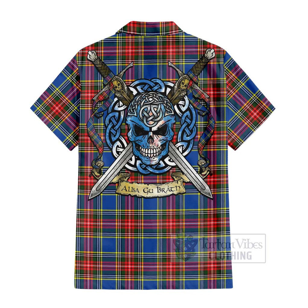 Tartan Vibes Clothing Bethune Tartan Short Sleeve Button Shirt with Family Crest Celtic Skull Style