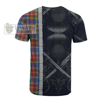 Bethune Tartan Cotton T-shirt with Family Crest Cross Sword Thistle Celtic Vibes