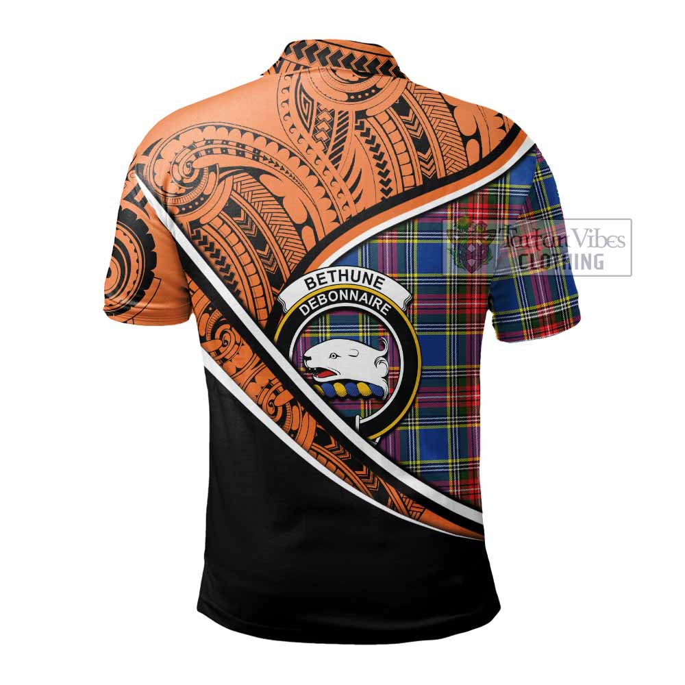 Tartan Vibes Clothing Bethune Crest Tartan Polo Shirt with Maori Tattoo Style - Orange Version