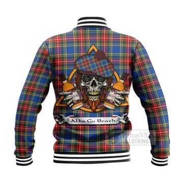 Bethune Tartan Baseball Jacket with Family Crest and Bearded Skull Holding Bottles of Whiskey