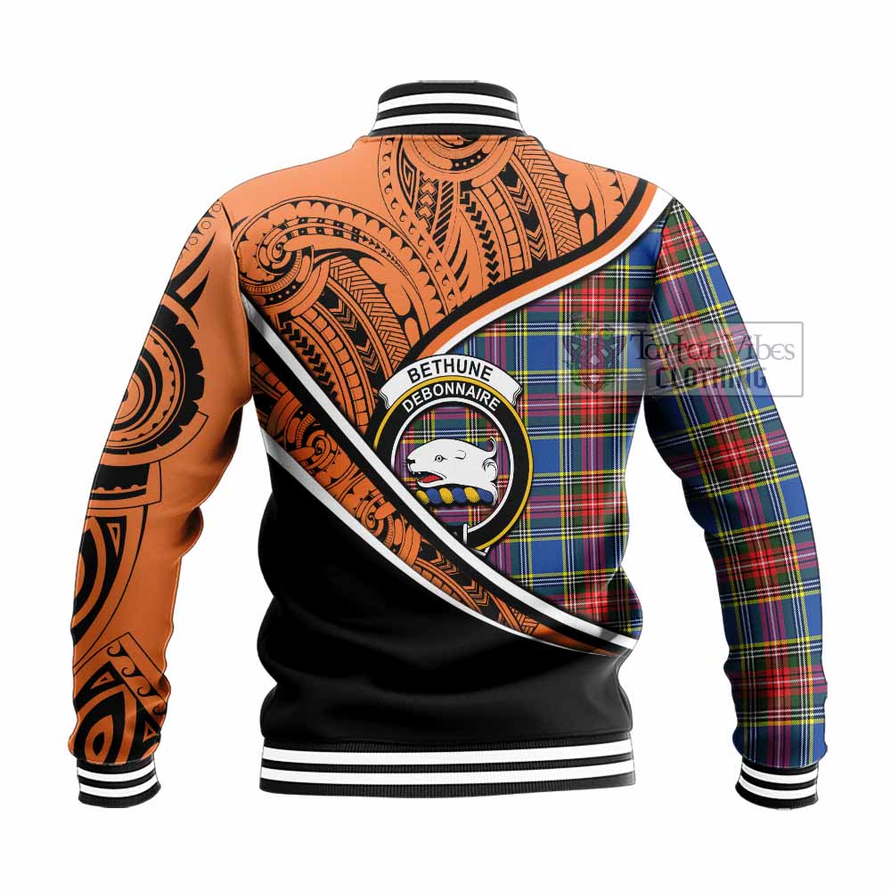 Tartan Vibes Clothing Bethune Crest Tartan Baseball Jacket with Maori Tattoo Style - Orange Version