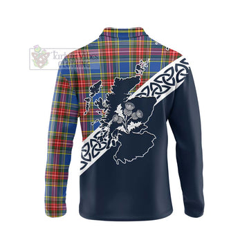 Bethune Tartan Long Sleeve Polo Shirt Featuring Thistle and Scotland Map