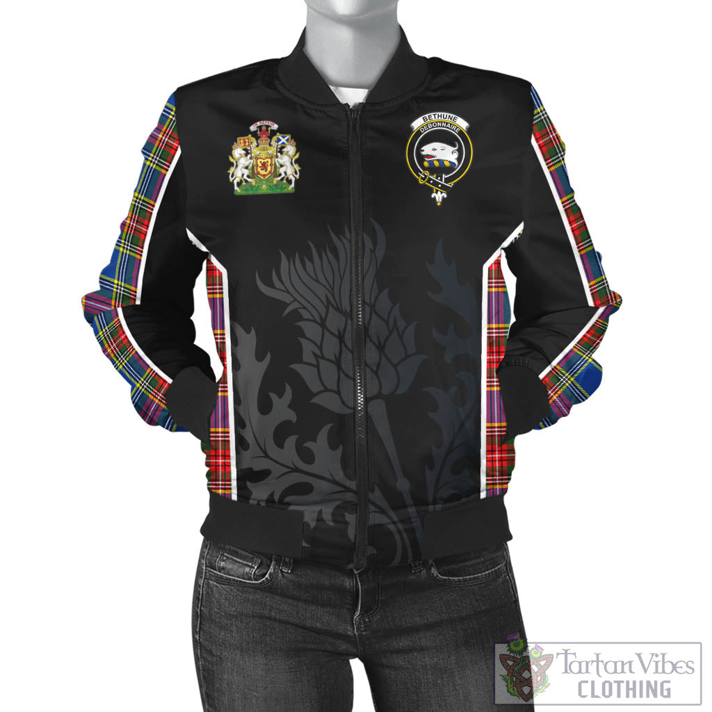 Tartan Vibes Clothing Bethune Tartan Bomber Jacket with Family Crest and Scottish Thistle Vibes Sport Style