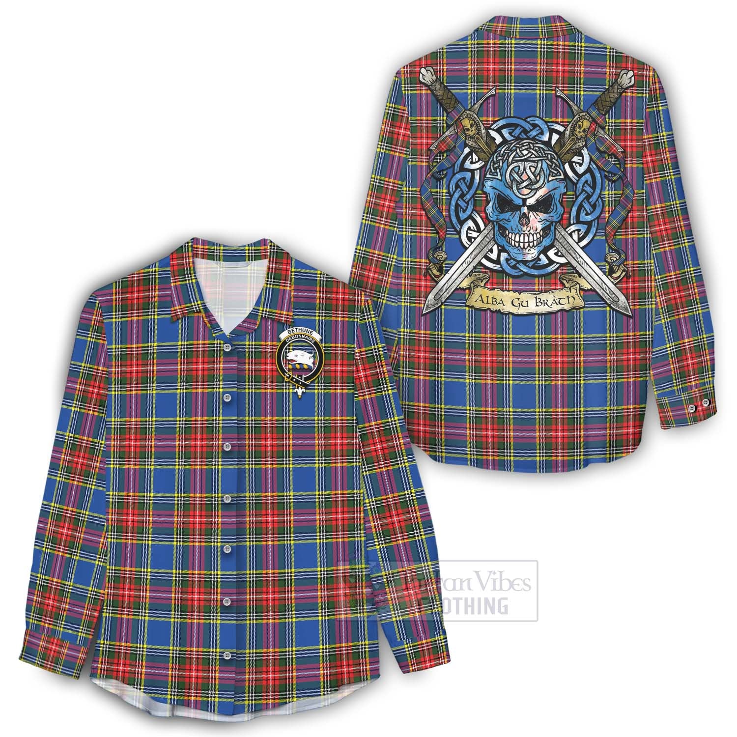 Tartan Vibes Clothing Bethune Tartan Women's Casual Shirt with Family Crest Celtic Skull Style