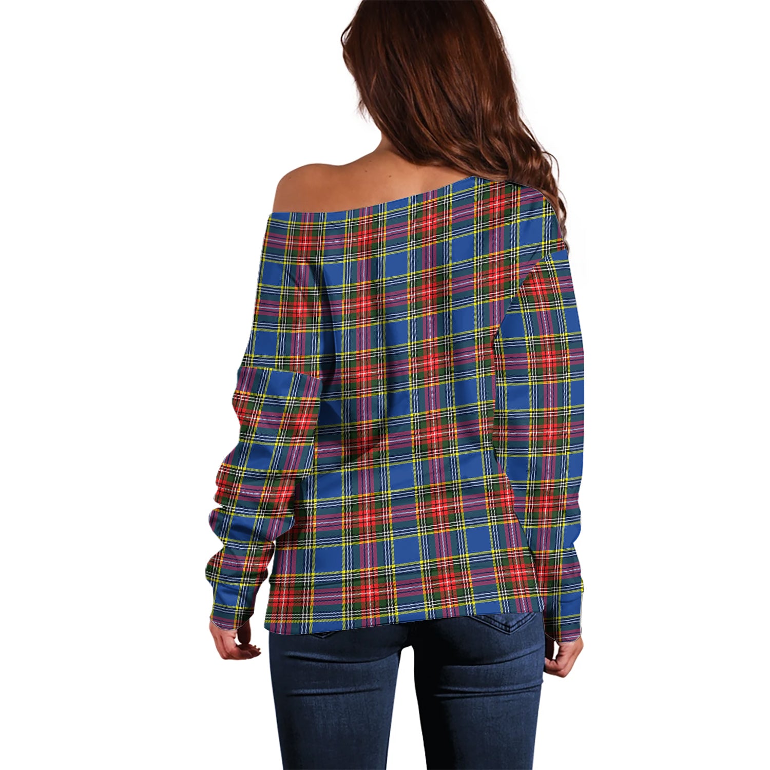 Bethune Tartan Off Shoulder Women Sweater with Family Crest - Tartanvibesclothing