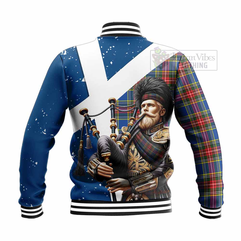 Tartan Vibes Clothing Bethune Tartan Baseball Jacket with Family Crest Scottish Bagpiper Vibes