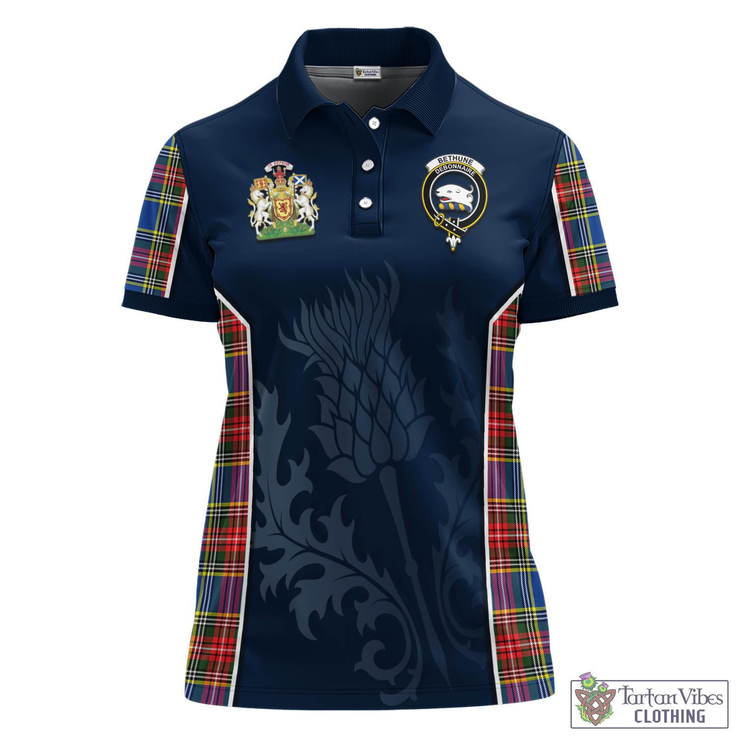 Tartan Vibes Clothing Bethune Tartan Women's Polo Shirt with Family Crest and Scottish Thistle Vibes Sport Style