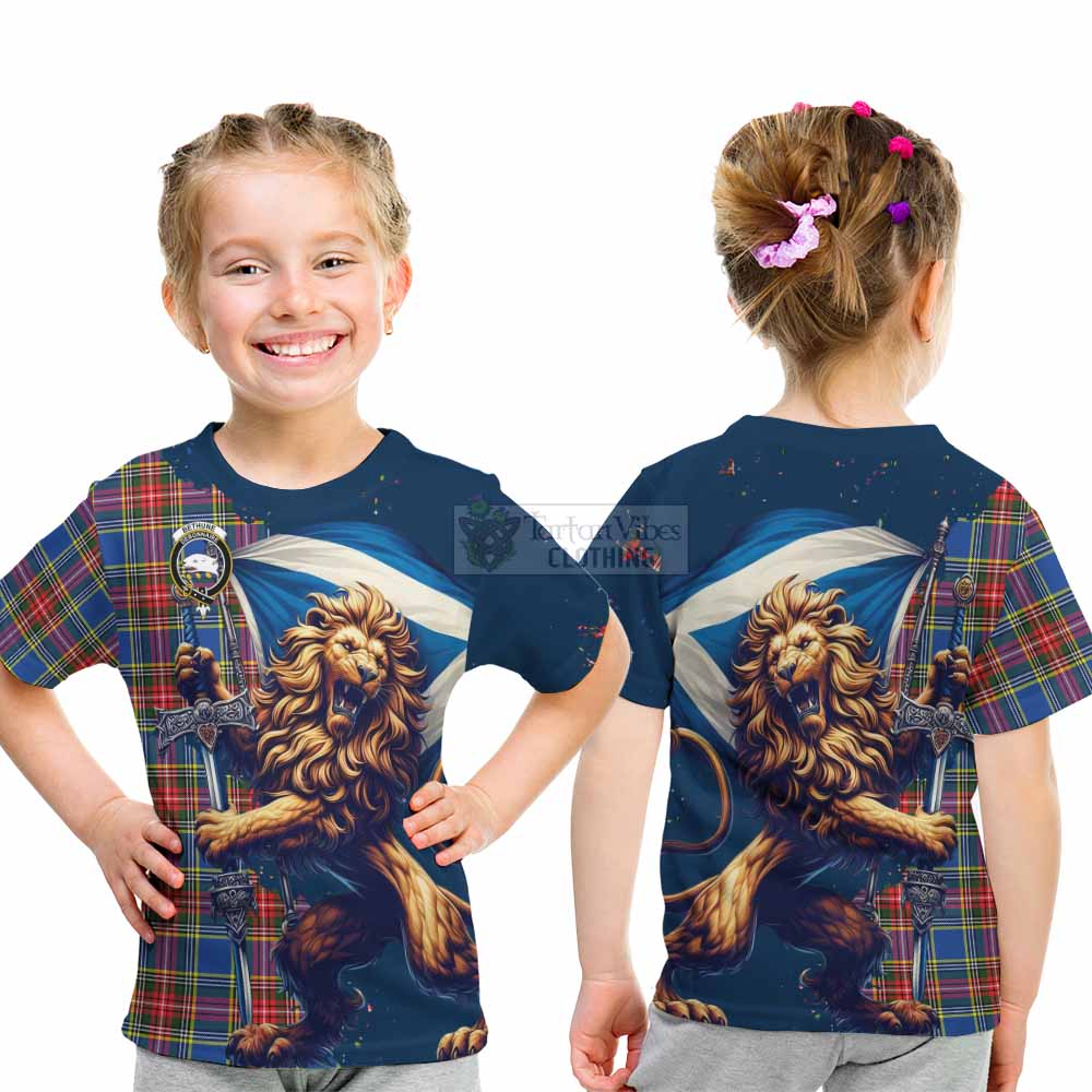 Tartan Vibes Clothing Bethune Tartan Family Crest Kid T-Shirt with Scottish Majestic Lion