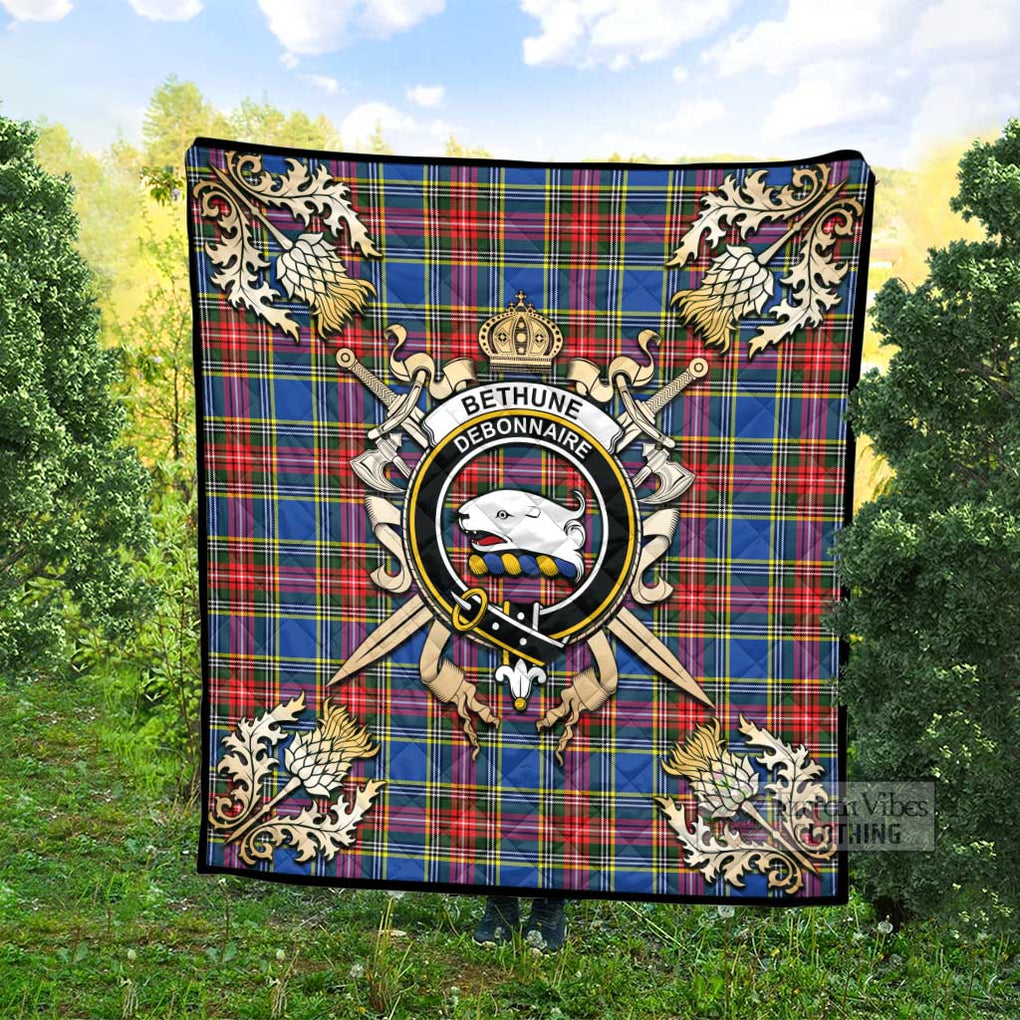 Tartan Vibes Clothing Bethune Tartan Quilt with Family Crest and Scottish Golden Courage Shield