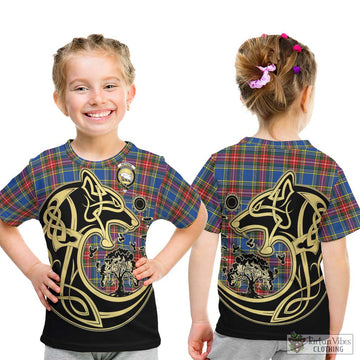 Bethune Tartan Kid T-Shirt with Family Crest Celtic Wolf Style