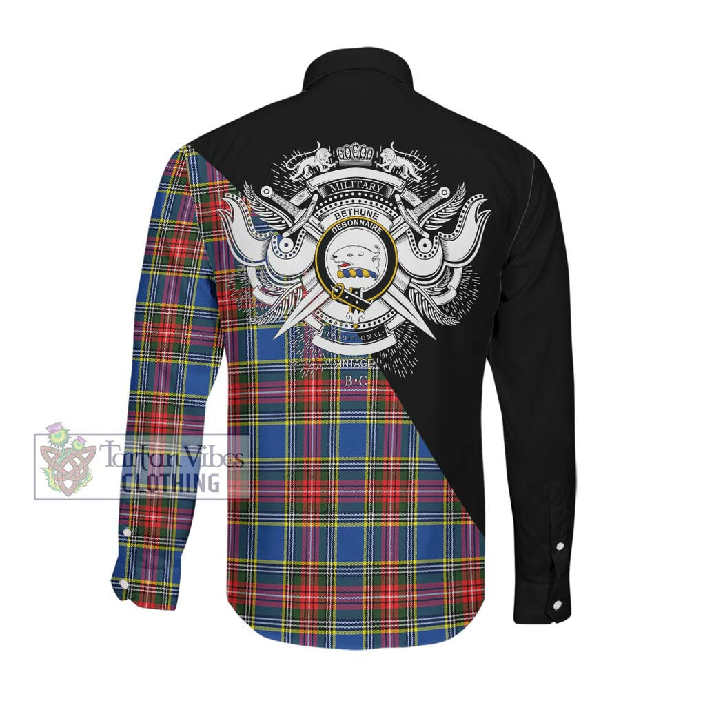 Bethune Tartan Long Sleeve Button Shirt with Family Crest and Military Logo Style Men's Shirt - Tartanvibesclothing Shop