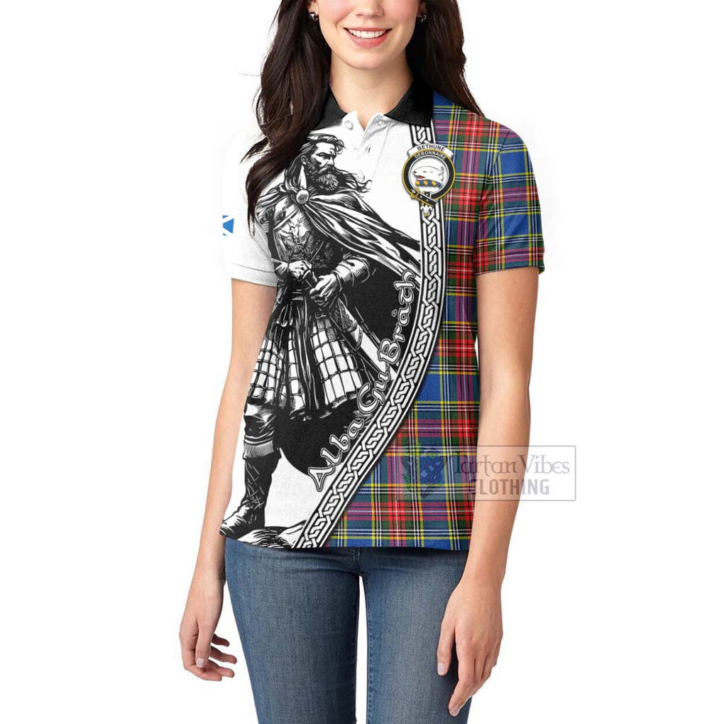 Tartan Vibes Clothing Bethune Tartan Clan Crest Women's Polo Shirt with Highlander Warrior Celtic Style