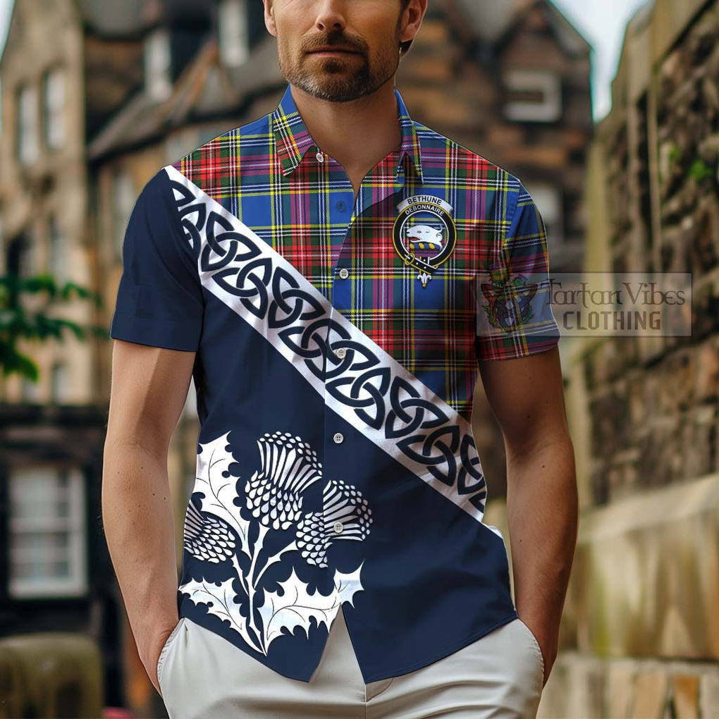 Tartan Vibes Clothing Bethune Tartan Short Sleeve Button Shirt Featuring Thistle and Scotland Map