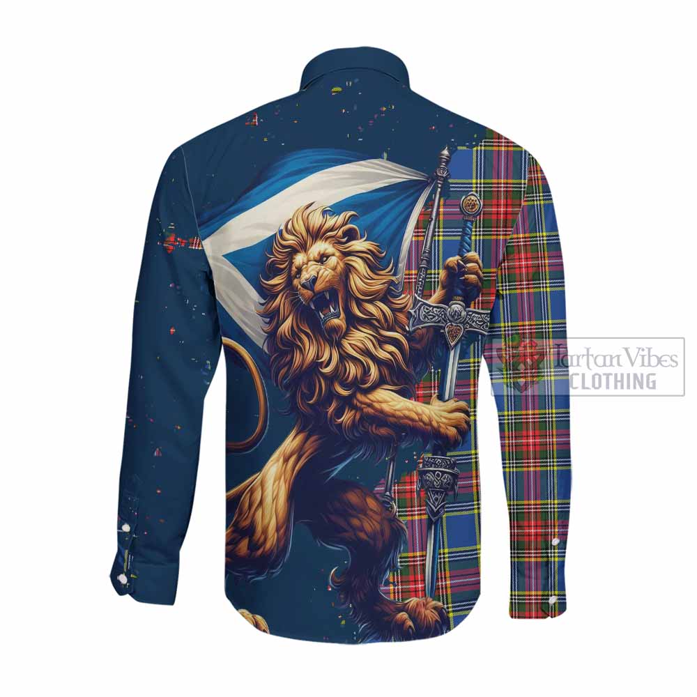 Tartan Vibes Clothing Bethune Tartan Family Crest Long Sleeve Button Shirt with Scottish Majestic Lion