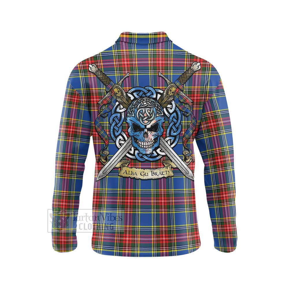 Tartan Vibes Clothing Bethune Tartan Long Sleeve Polo Shirt with Family Crest Celtic Skull Style