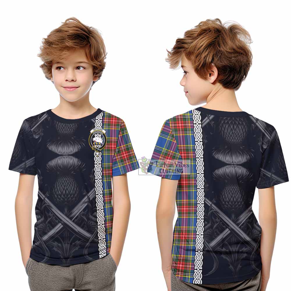 Tartan Vibes Clothing Bethune Tartan Kid T-Shirt with Family Crest Cross Sword Thistle Celtic Vibes