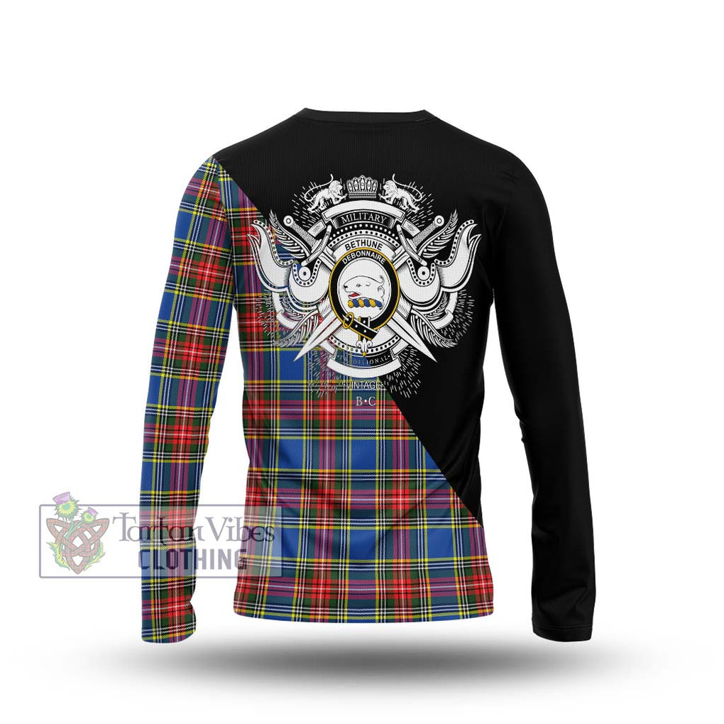 Bethune Tartan Long Sleeve T-Shirt with Family Crest and Military Logo Style - Tartanvibesclothing Shop