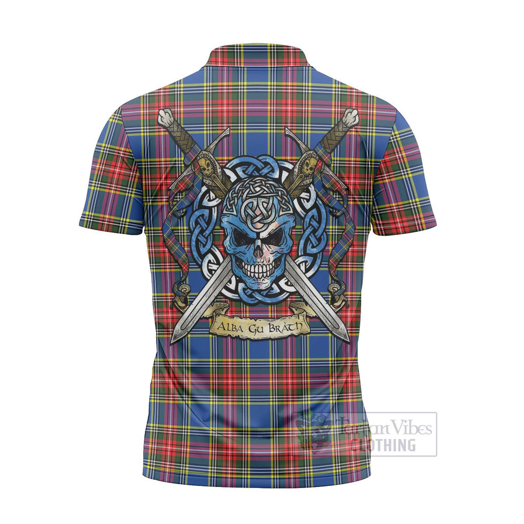 Tartan Vibes Clothing Bethune Tartan Zipper Polo Shirt with Family Crest Celtic Skull Style