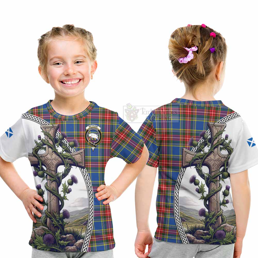 Tartan Vibes Clothing Bethune Tartan Kid T-Shirt with Family Crest and St. Andrew's Cross Accented by Thistle Vines