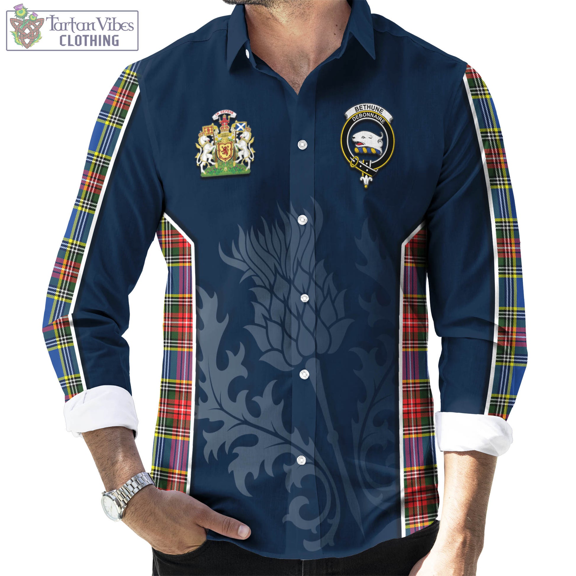 Tartan Vibes Clothing Bethune Tartan Long Sleeve Button Up Shirt with Family Crest and Scottish Thistle Vibes Sport Style