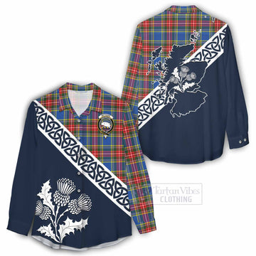 Bethune Tartan Women's Casual Shirt Featuring Thistle and Scotland Map