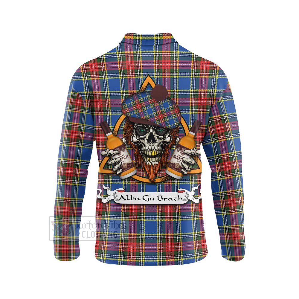 Tartan Vibes Clothing Bethune Tartan Long Sleeve Polo Shirt with Family Crest and Bearded Skull Holding Bottles of Whiskey