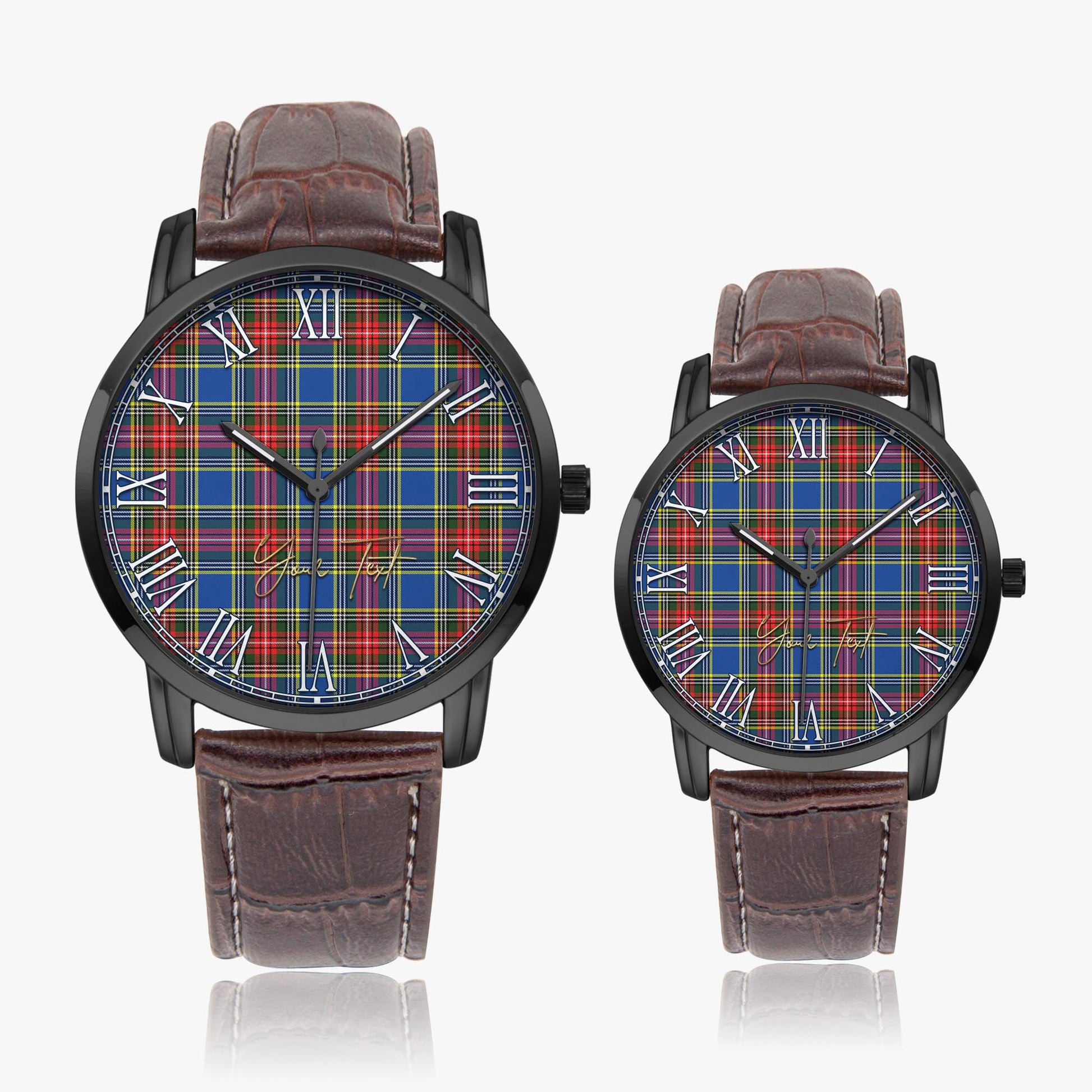 Bethune Tartan Personalized Your Text Leather Trap Quartz Watch Wide Type Black Case With Brown Leather Strap - Tartanvibesclothing