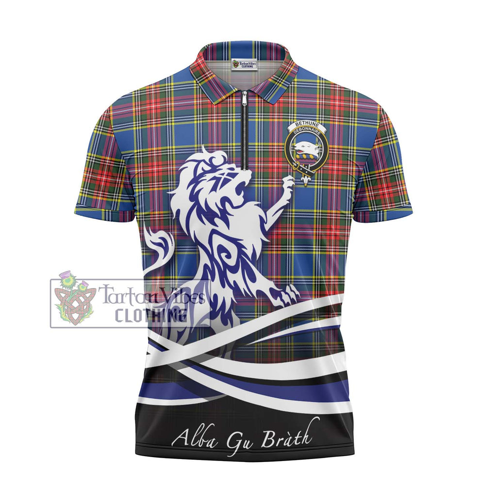 Bethune Tartan Zipper Polo Shirt with Alba Gu Brath Regal Lion Emblem - Tartanvibesclothing Shop