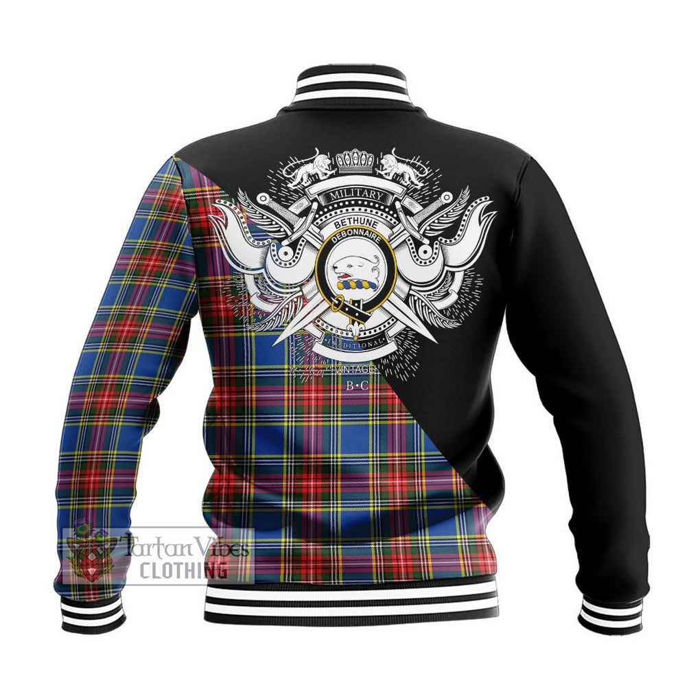 Bethune Tartan Baseball Jacket with Family Crest and Military Logo Style - Tartan Vibes Clothing