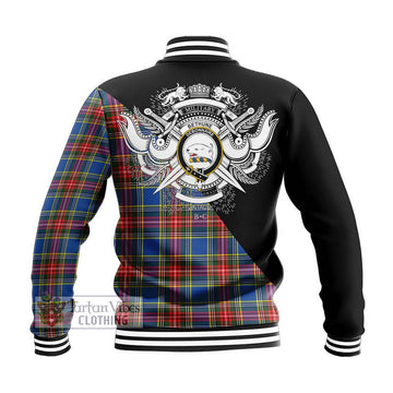 Bethune Tartan Baseball Jacket with Family Crest and Military Logo Style