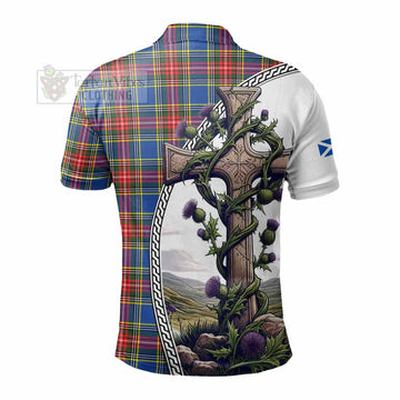 Bethune Tartan Polo Shirt with Family Crest and St. Andrew's Cross Accented by Thistle Vines