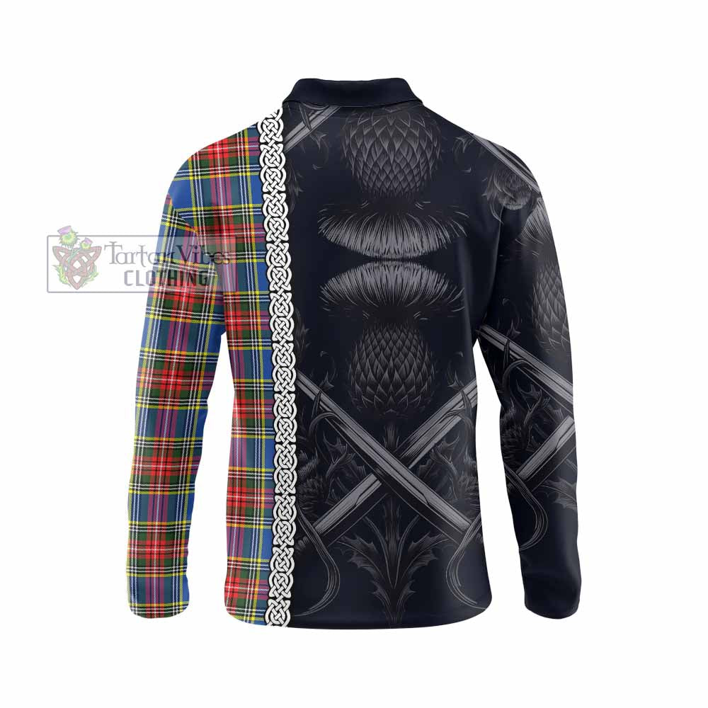 Tartan Vibes Clothing Bethune Tartan Long Sleeve Polo Shirt with Family Crest Cross Sword Thistle Celtic Vibes