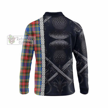 Bethune Tartan Long Sleeve Polo Shirt with Family Crest Cross Sword Thistle Celtic Vibes