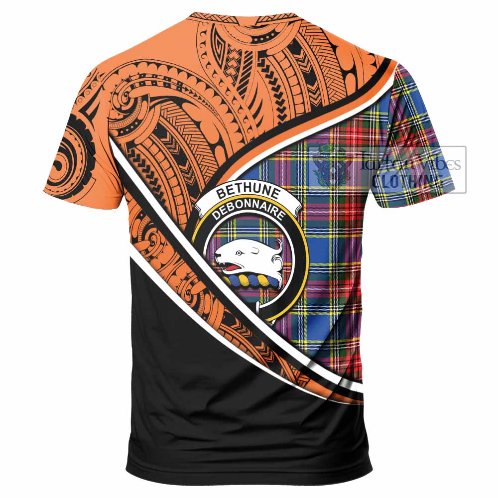 Tartan Vibes Clothing Bethune Crest Tartan T-Shirt with Maori Tattoo Style - Orange Version