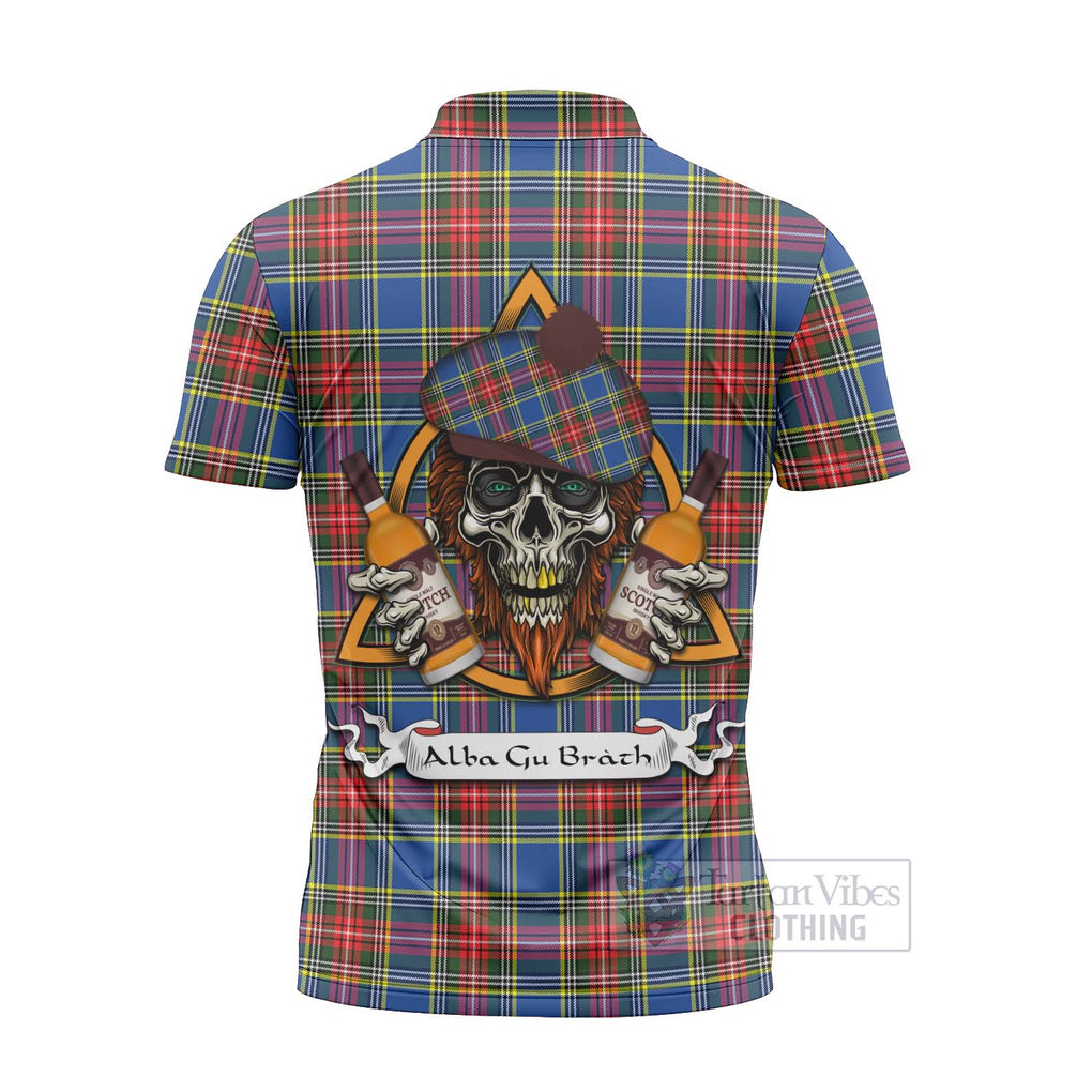 Tartan Vibes Clothing Bethune Tartan Zipper Polo Shirt with Family Crest and Bearded Skull Holding Bottles of Whiskey