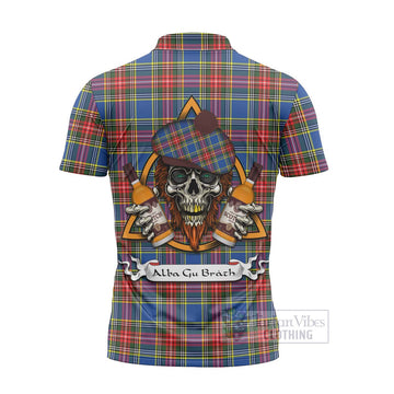 Bethune Tartan Zipper Polo Shirt with Family Crest and Bearded Skull Holding Bottles of Whiskey