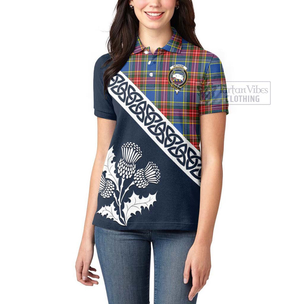 Tartan Vibes Clothing Bethune Tartan Women's Polo Shirt Featuring Thistle and Scotland Map