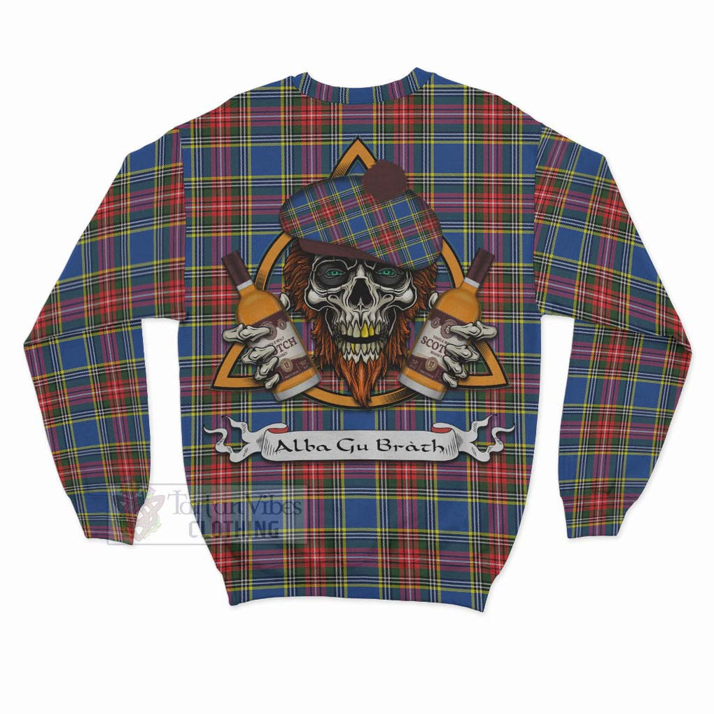 Tartan Vibes Clothing Bethune Tartan Sweatshirt with Family Crest and Bearded Skull Holding Bottles of Whiskey