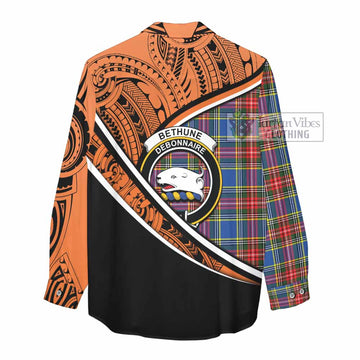 Bethune Crest Tartan Women's Casual Shirt with Polynesian Vibes Style - Orange Version