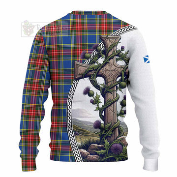 Bethune Tartan Knitted Sweater with Family Crest and St. Andrew's Cross Accented by Thistle Vines