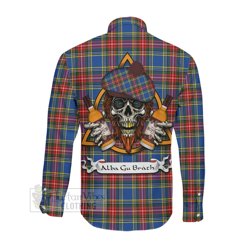 Tartan Vibes Clothing Bethune Tartan Long Sleeve Button Shirt with Family Crest and Bearded Skull Holding Bottles of Whiskey