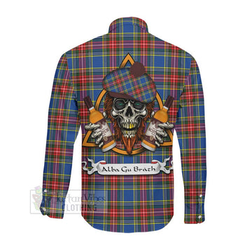 Bethune Tartan Long Sleeve Button Shirt with Family Crest and Bearded Skull Holding Bottles of Whiskey