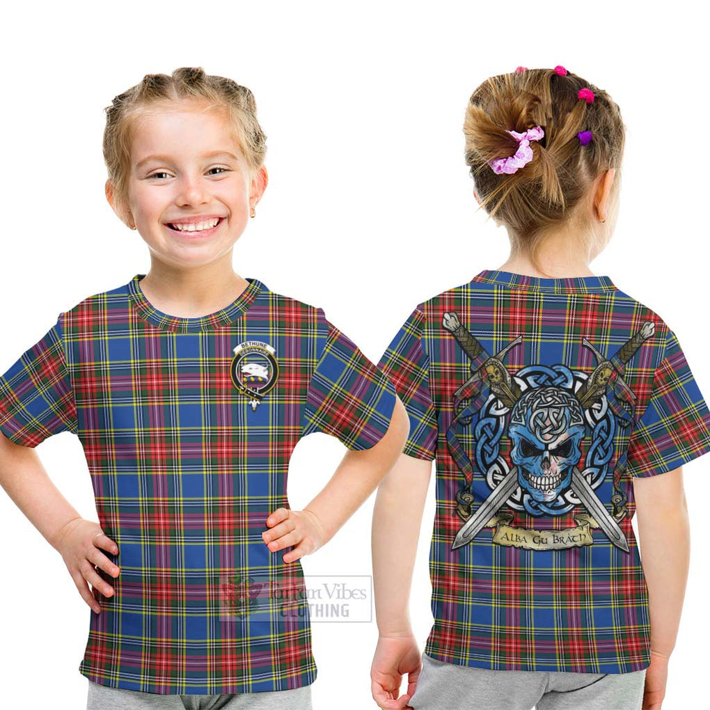 Tartan Vibes Clothing Bethune Tartan Kid T-Shirt with Family Crest Celtic Skull Style