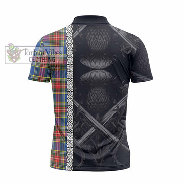 Bethune Tartan Zipper Polo Shirt with Family Crest Cross Sword Thistle Celtic Vibes