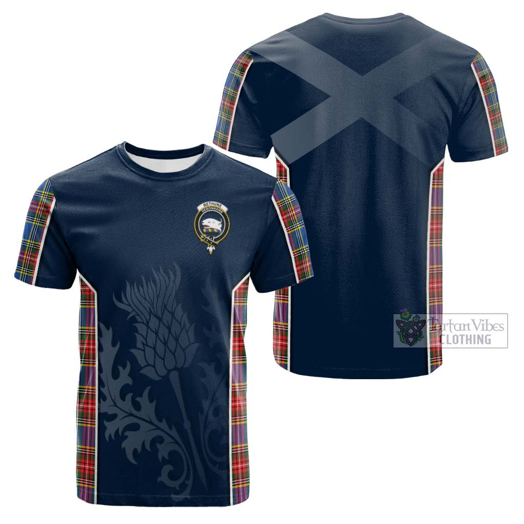 Tartan Vibes Clothing Bethune Tartan Cotton T-shirt with Family Crest and Scottish Thistle Vibes Sport Style