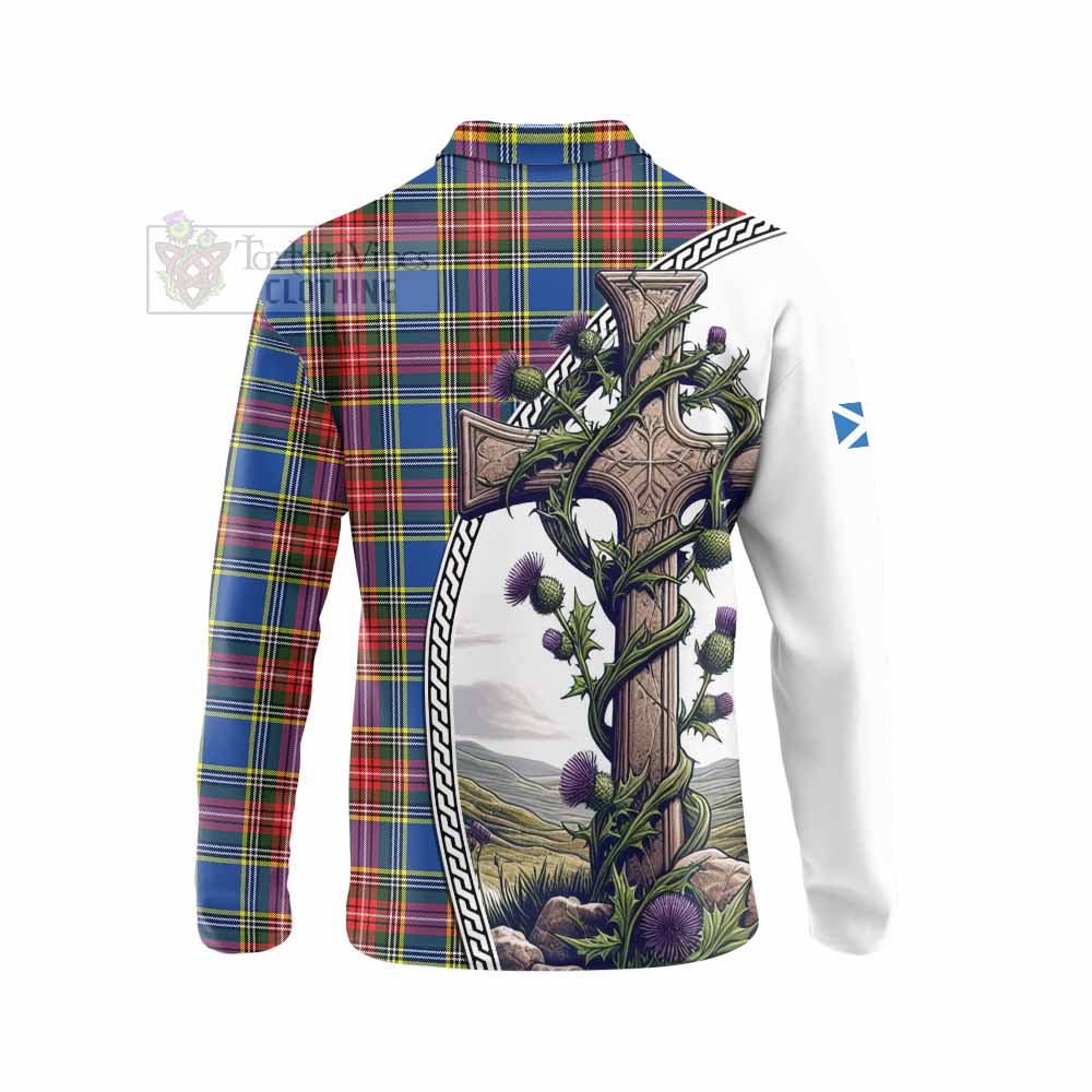 Tartan Vibes Clothing Bethune Tartan Long Sleeve Polo Shirt with Family Crest and St. Andrew's Cross Accented by Thistle Vines