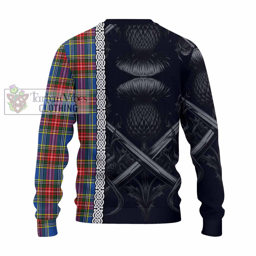 Tartan Vibes Clothing Bethune Tartan Knitted Sweater with Family Crest Cross Sword Thistle Celtic Vibes