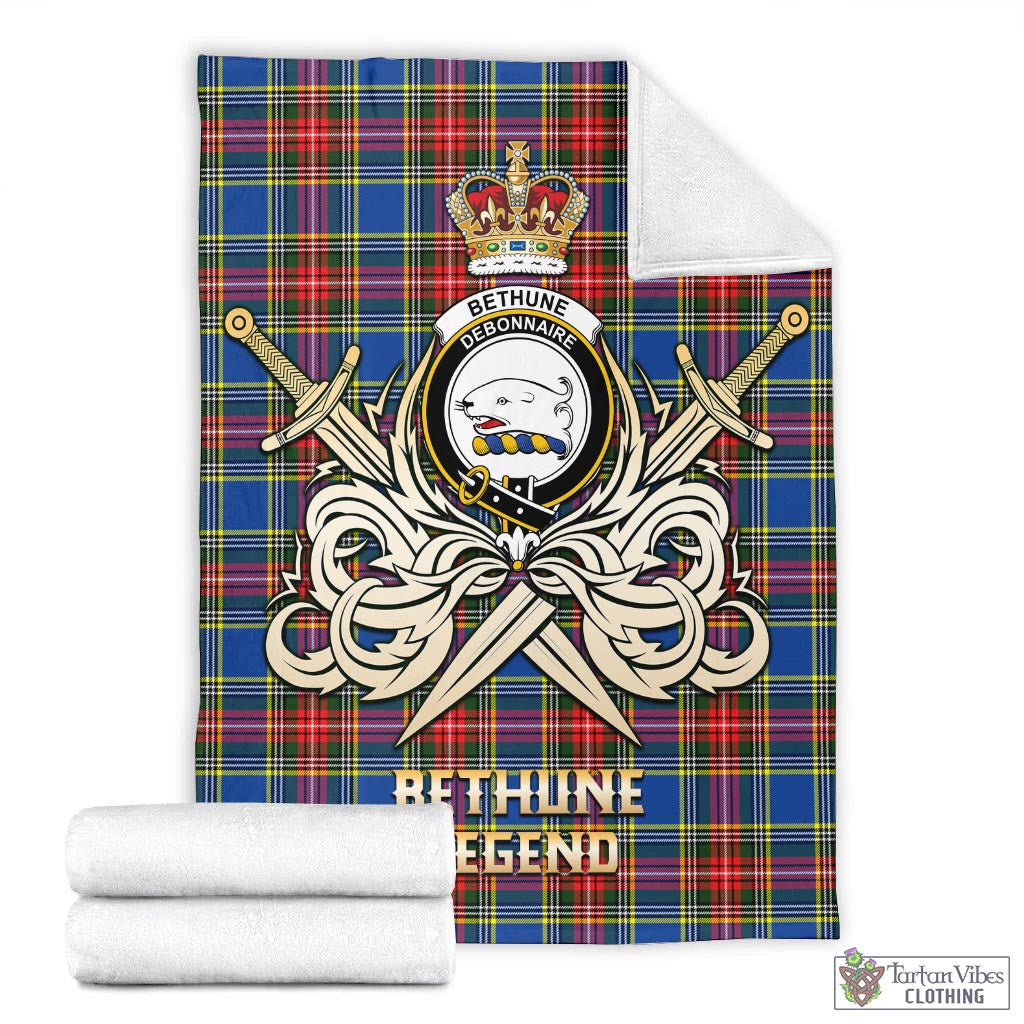 Tartan Vibes Clothing Bethune Tartan Blanket with Clan Crest and the Golden Sword of Courageous Legacy