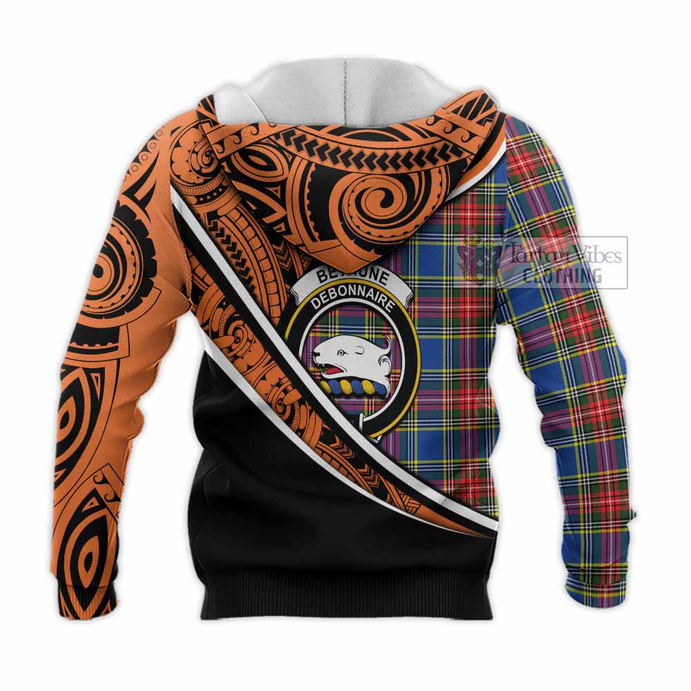 Tartan Vibes Clothing Bethune Crest Tartan Knitted Hoodie with Maori Tattoo Style - Orange Version