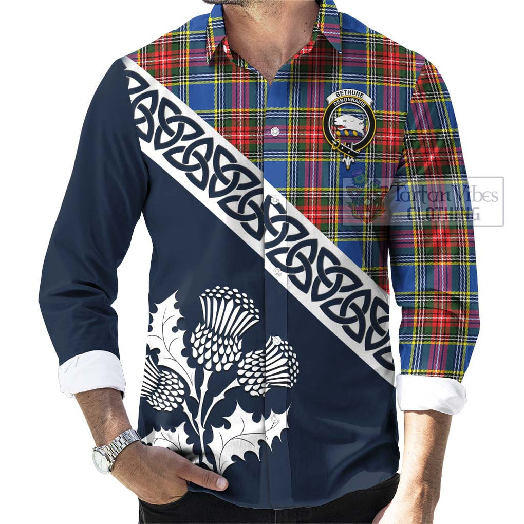 Tartan Vibes Clothing Bethune Tartan Long Sleeve Button Shirt Featuring Thistle and Scotland Map